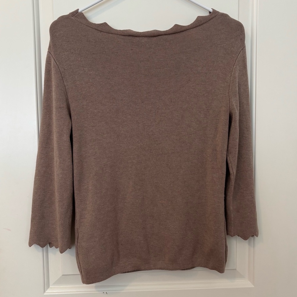 Philosophy Scallop Edge Boat Neck Ribbed 3/4 Sleeve Sweater Size Taupe Tan Small - Picture 2 of 6